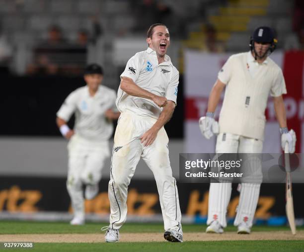 New Zealand bowler Todd Astle celebrates after dismissing Craig Overton during day five of the First Test Match between the New Zealand Black Caps...