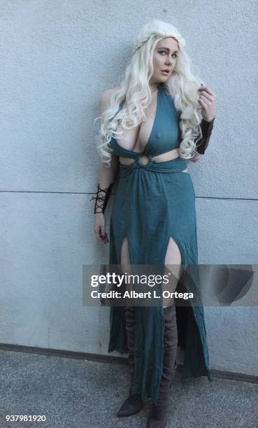 Actress Maitland Ward cosplays as Daenerys Targaryen from HBO's 'Game Of Thrones' at day 3 of WonderCon 2018 held at Anaheim Convention Center on...