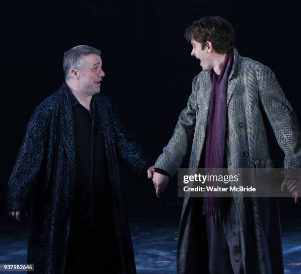 Nathan Lane and Andrew Garfield during the 'Angels in America' Broadway Opening Night Curtain Call Bows at the Neil Simon Theatre on March 25, 2018...