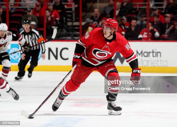 Teuvo Teravainen of the Carolina Hurricanes moves the puck on the ice during an NHL game against the Arizona Coyotes on March 22, 2018 at PNC Arena...