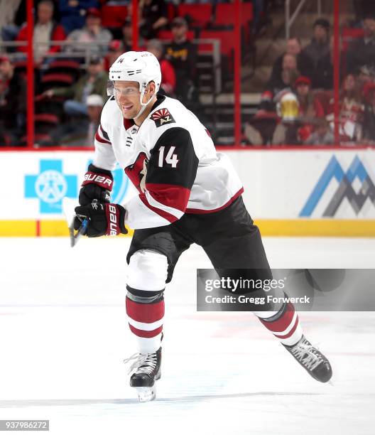 Richard Panik of the Arizona Coyotes skates hard for position on the ice during an NHL game against the Carolina Hurricanes on March 22, 2018 at PNC...