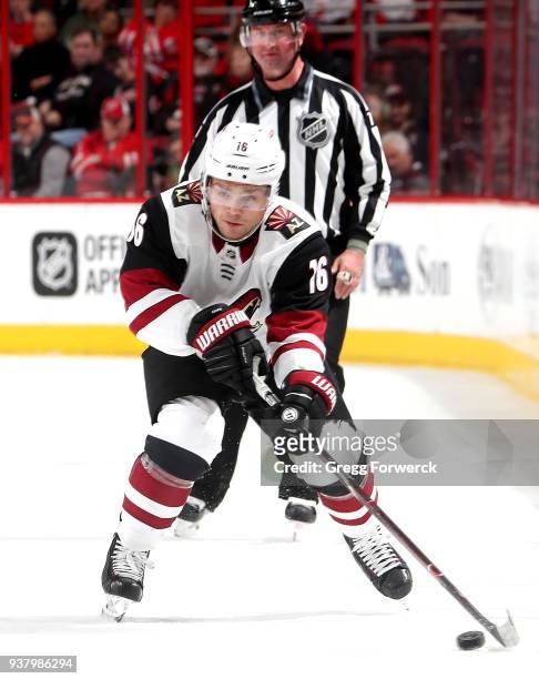 Max Domi of the Arizona Coyotes skates with the puck during an NHL game against the against the Carolina Hurricanes on March 22, 2018 at PNC Arena in...