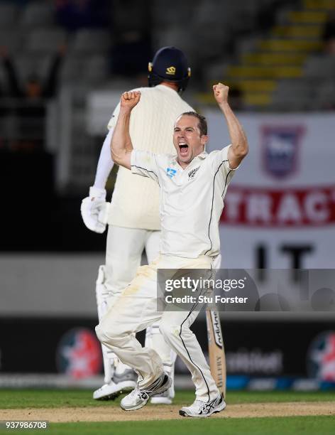 New Zealand bowler Todd Astle celebrates after dismissing James Anderson to win the match during day five of the First Test Match between the New...