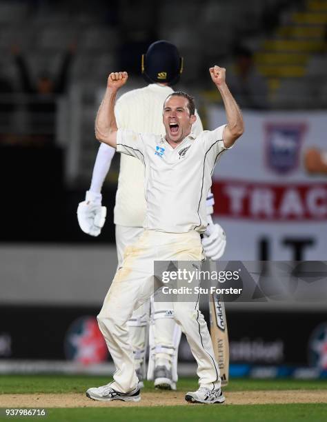 New Zealand bowler Todd Astle celebrates after dismissing James Anderson to win the match during day five of the First Test Match between the New...