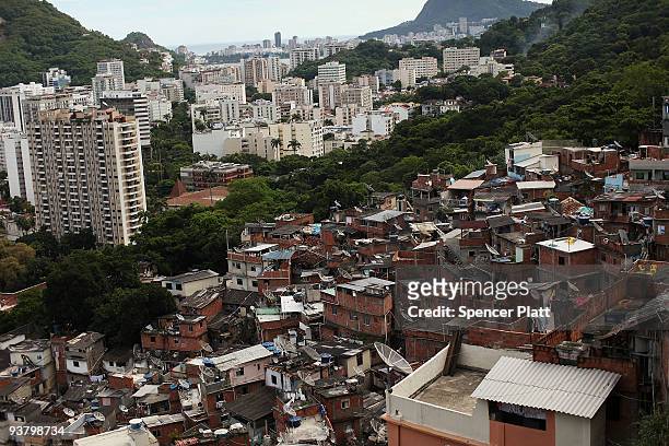 View of the recently "pacified" Santa Marta, one of Rio's oldest slums, or favela on December 3, 2009 in Rio de Janeiro, Brazil. Santa Marta is one...