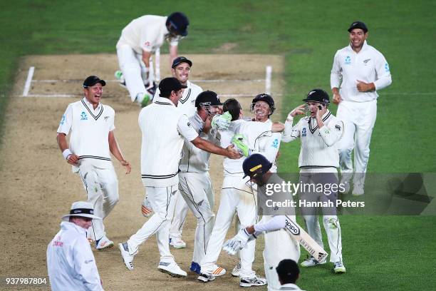 New Zealand celebrate after winning the First Test match between New Zealand and England at Eden Park on March 26, 2018 in Auckland, New Zealand.