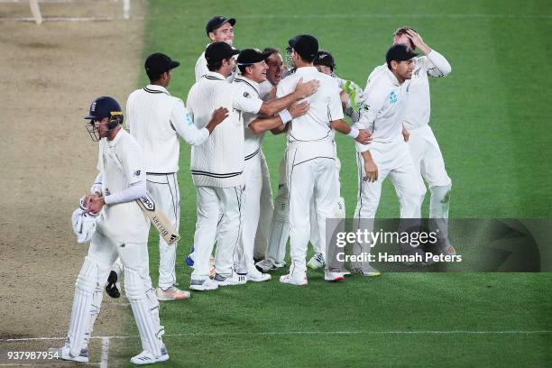 New Zealand celebrate after winning the First Test match between New Zealand and England at Eden Park on March 26, 2018 in Auckland, New Zealand.