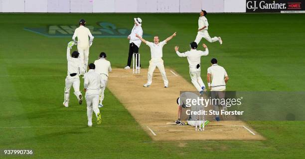 New Zealand bowler Todd Astle celebrates after dismissing James Anderson to win the match during day five of the First Test Match between the New...