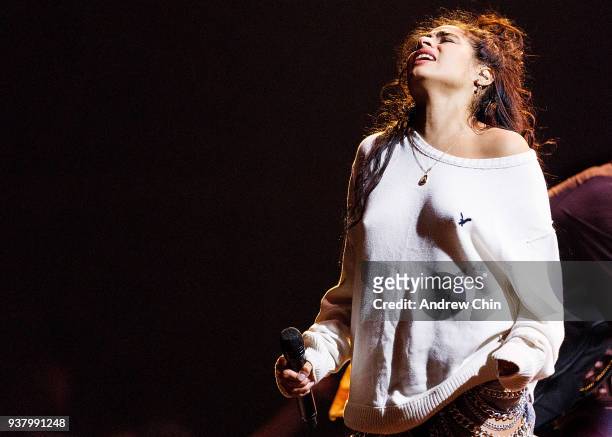 Canadian singer-songwriter Jessie Reyez performs on stage during the 2018 JUNO Awards at Rogers Arena on March 25, 2018 in Vancouver, Canada.