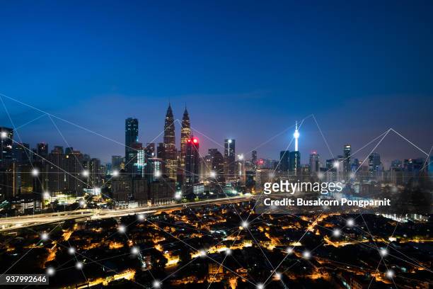 city scape and network connection concept, internet of things - kuala lumpur stock pictures, royalty-free photos & images