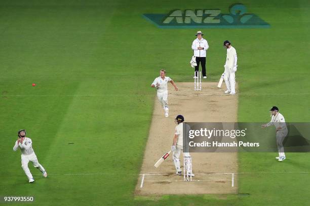 Neil Wagner of the Black Caps celebrates as Henry Nicholls catches Chris Woakes of England out during day five of the First Test match between New...