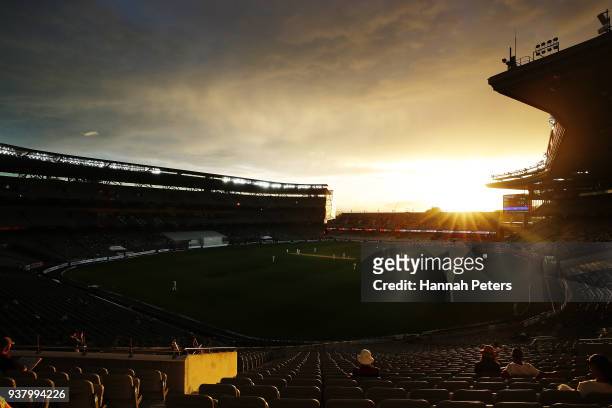The sun sets during day five of the First Test match between New Zealand and England at Eden Park on March 26, 2018 in Auckland, New Zealand.