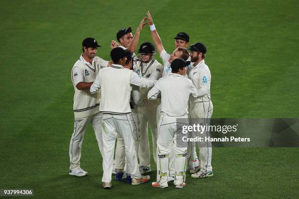 New Zealand celebrate after winning the First Test match between New Zealand and England at Eden Park on March 26, 2018 in Auckland, New Zealand.