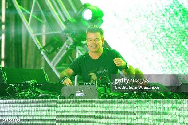 Paul Oakenfold performs on stage at Ultra Music Festival at Bayfront Park on March 25, 2018 in Miami, Florida.