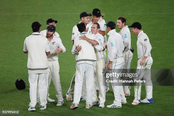 New Zealand celebrate after winning the First Test match between New Zealand and England at Eden Park on March 26, 2018 in Auckland, New Zealand.