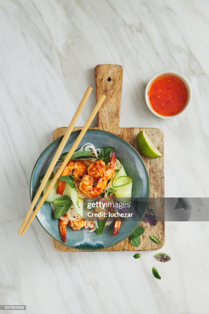Prawn noodle salad with chilli and lime dressing