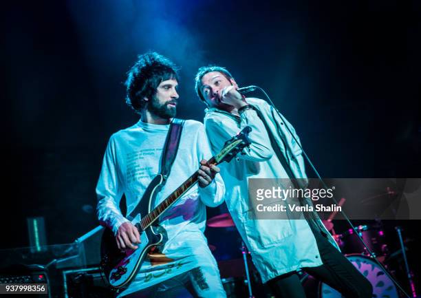 Tom Meighan and Sergio Pizzorno of Kasabian perform live on stage at Royal Albert Hall on March 24, 2018 in London, England.