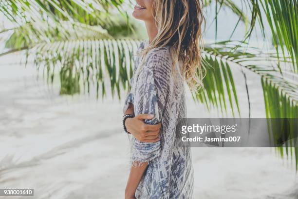 dreamy girl on beach - beach dress stock pictures, royalty-free photos & images