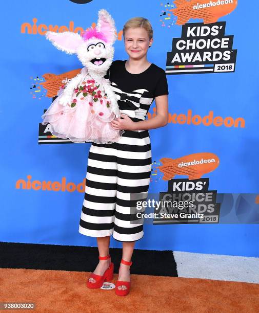 Darci Lynne Farmer arrives at the Nickelodeon's 2018 Kids' Choice Awards at The Forum on March 24, 2018 in Inglewood, California.
