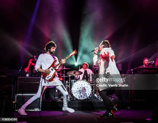 Tom Meighan and Sergio Pizzorno of Kasabian perform live on stage at Royal Albert Hall on March 24, 2018 in London, England.