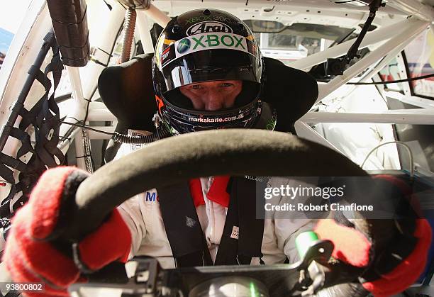 Former V8 Supercar driver and designer of the Sydney Olympic Park Street Circuit Mark Skaife prepares to drive the first lap in the BOC Holden prior...