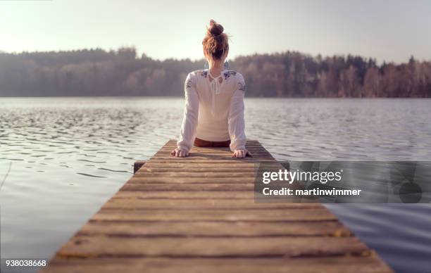 jonge vrouwen op een houten pier op een meer in oostenrijk - martinwimmer stockfoto's en -beelden