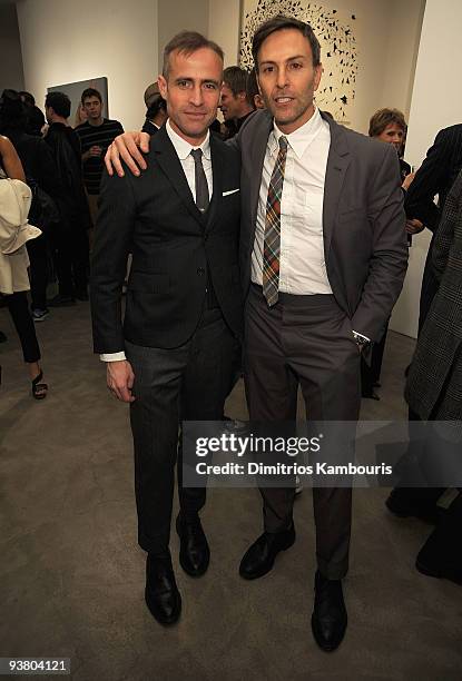 Designer Thom Browne and artist Joseph La Piana attend the Joseph La Piana's "Kinetic State" Art Exhibition Opening at The Robert Miller Gallery on...