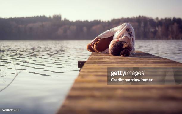 jonge vrouwen op een houten pier op een meer in oostenrijk - martinwimmer stockfoto's en -beelden