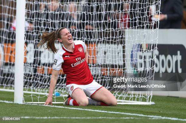 Agony for Heather O'Reilly of Arsenal as she collides with a goal post during the SSE Women's FA Cup Quarter-Final match between Arsenal Ladies and...