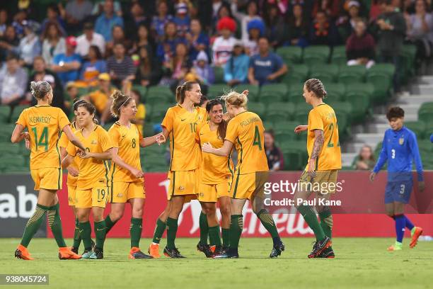 Alexandra Chidiac of the Matildas celebrates a goal with team mates during the International Friendly Match between the Australian Matildas and...