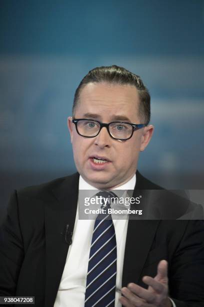 Alan Joyce, chief executive officer of Qantas Airways Ltd., speaks during a Bloomberg Television interview in London, U.K., on Monday, March 26,...