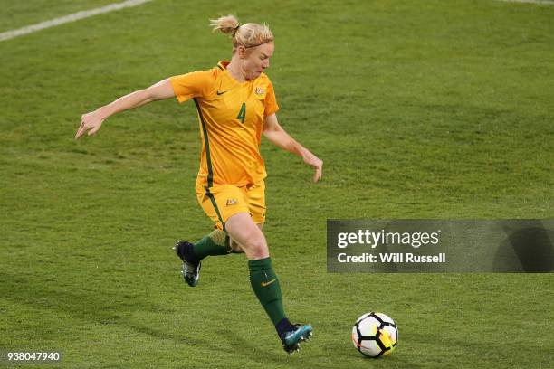 Clare Polkinghorne of the Matildas kicks the ball during the International Friendly Match between the Australian Matildas and Thailand at NIB Stadium...