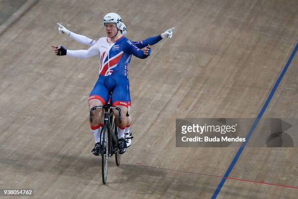 Neil Fachie and Matthew Rotherham of Great Britain celebrate the gold medal after winning the Men's Sprint on day 04 of the Paracycling World...