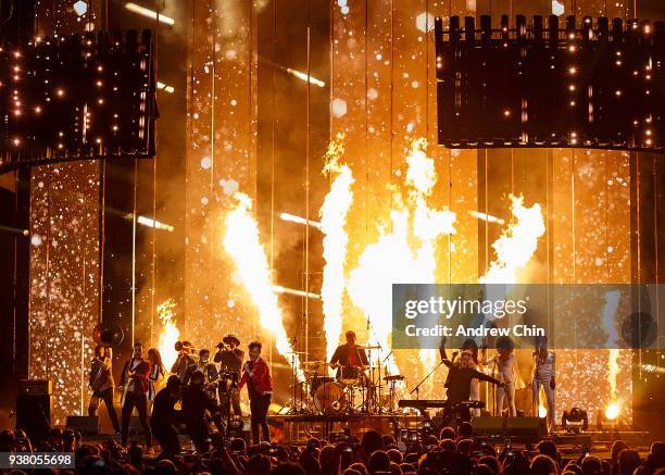 Nick Dika, Anthony Carone, Max Kerman, Mike DeAngelis and Tim Oxford of rock band Arkells performs on stage during the 2018 JUNO Awards at Rogers...