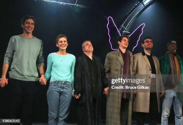 Lee Pace, Denise Gough, Nathan Lane, Andrew Garfield, James McArdle, and Nathan Stewart-Jarrett take their opening night curtain call in "Angels in...