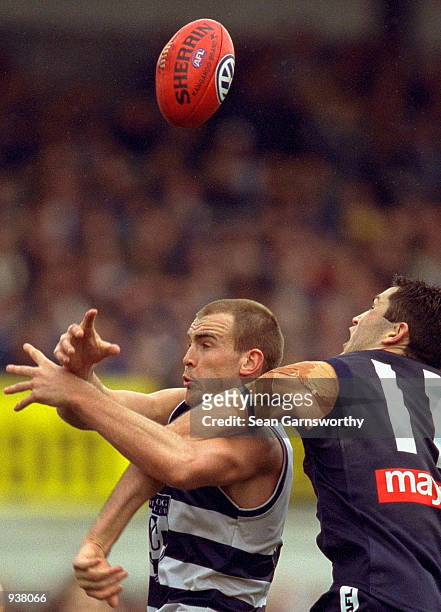 Steven King for Geelong and Mark Porter for Carlton attempt to mark the ball, in the round 22 AFL match between the Carlton Blues and the Geelong...