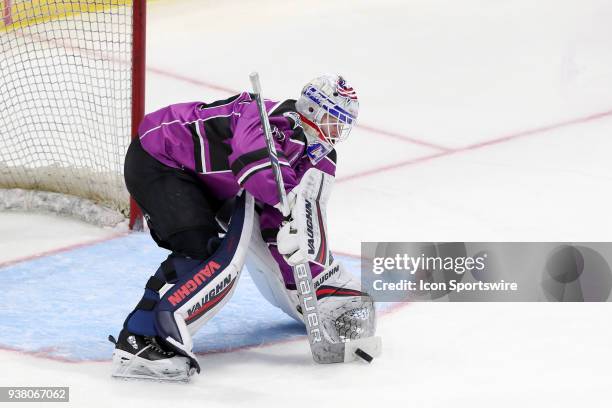 Cleveland Monsters goalie Matiss Kivlenieks stops the puck during the third period of the American Hockey League game between the San Diego Gulls and...