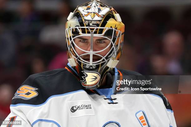 Cleveland Monsters goalie Matiss Kivlenieks on the ice during the first period of the American Hockey League game between the San Diego Gulls and...
