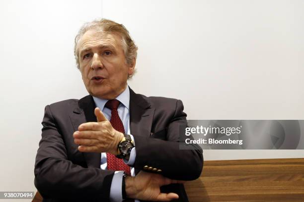 Francois Thiebaud, president of Tissot SA, a unit of Swatch Group AG, gestures as he speaks during an interview on the opening day of the 2018...