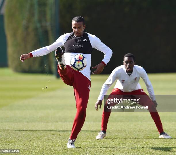 Joel Matip of Liverpool during a training session at Melwood training ground on March 26, 2018 in Liverpool, England.