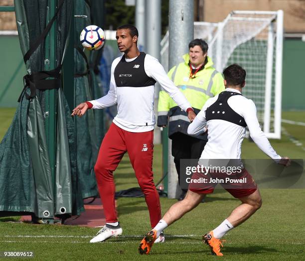 Joel Matip of Liverpool during a training session at Melwood training ground on March 26, 2018 in Liverpool, England.