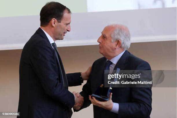 Massimiliano Allegri manager of Juventus receives the "Golden Bench" award from Roberto Fabbricini, commissioner of FIGC during the Italian Football...