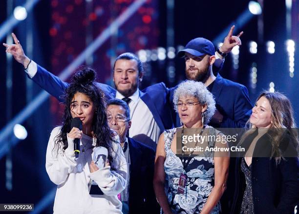 Canadian singer-songwriter Jessie Reyez receives the award during the 2018 JUNO Awards at Rogers Arena on March 25, 2018 in Vancouver, Canada.