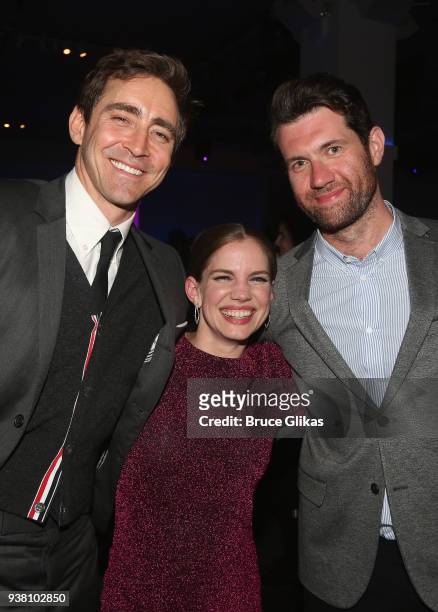 Lee Pace, Anna Chlumsky and Billy Eichner pose at the opening night after party for "Angels in America" on Broadway at Espace on March 25, 2018 in...