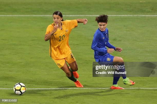 Samantha Kerr of the Matildas controls the ball during the International Friendly Match between the Australian Matildas and Thailand at NIB Stadium...