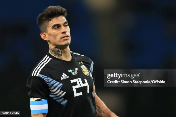 Tattoo on the neck of Diego Perotti of Argentina during the international friendly match between Italy and Argentina at the Etihad Stadium on March...