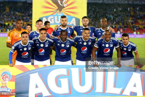 Players of Millonarios pose for the team photo prior to a match between Millonarios and Jaguares F.C. As part of Liga Aguila I 2018 at Nemesio...