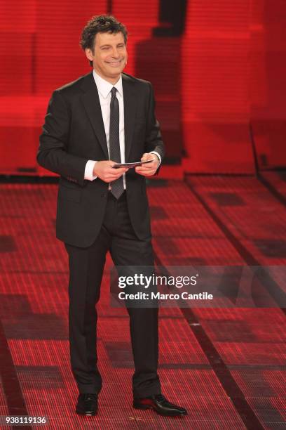 The italian anchor man Fabrizio Frizzi, during the TV show Non Sparate Sul Pianista, in RAI studios.