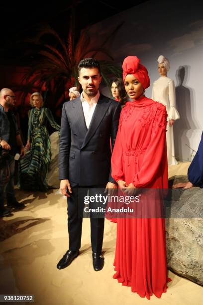 World's first hijab wearing US-Somali model Halima Aden and fashion designer Rasit Bagzibagli pose for a photo ahead of Bagzibagli's 2018...