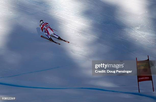 Adrien Theaux of France descends the course during Men's FIS Alpine World Cup Downhill Training on the Birds of Prey course on December 3, 2009 in...